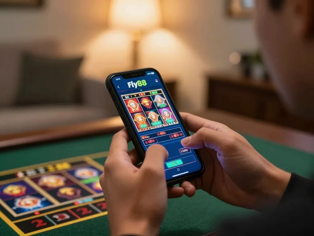 Player using fly88 app for mobile gaming by placing bets in a cozy home setting