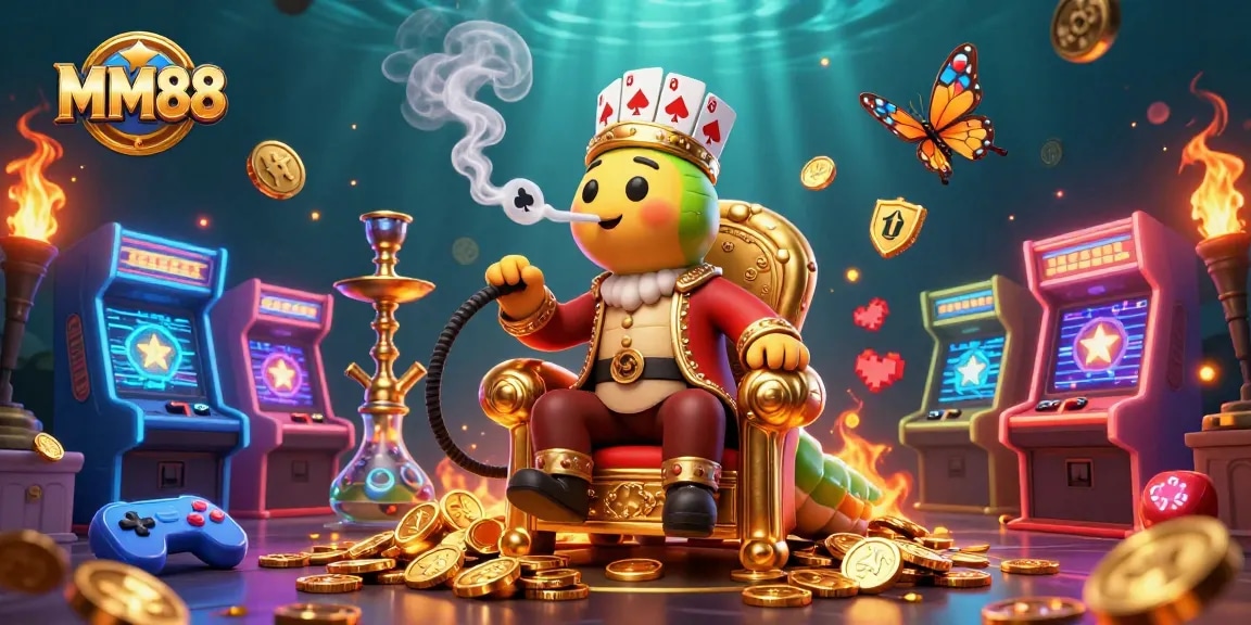 Engage with MM88's thrilling casino atmosphere through a vibrant 3D illustration of a whimsical caterpillar in a Sultan outfit.