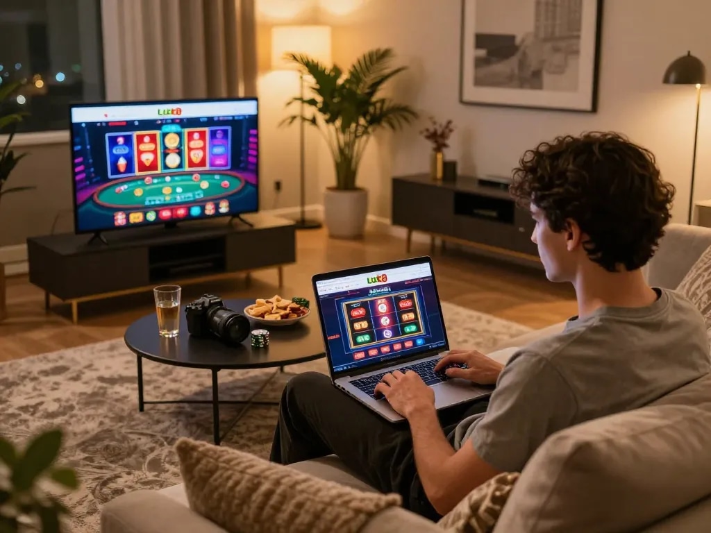 Engaging with online casino games on Luck8 from a cozy living room setup, emphasizing responsible entertainment