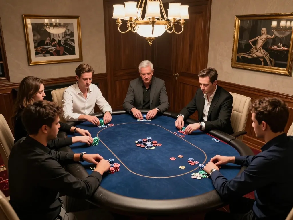 Action-packed poker game scene showcasing friends playing 79KING2 in an upscale atmosphere.