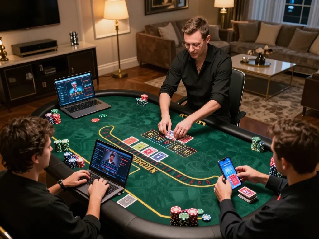 lc88 players engaging in a live Baccarat game at home with elegant decor and warm lighting