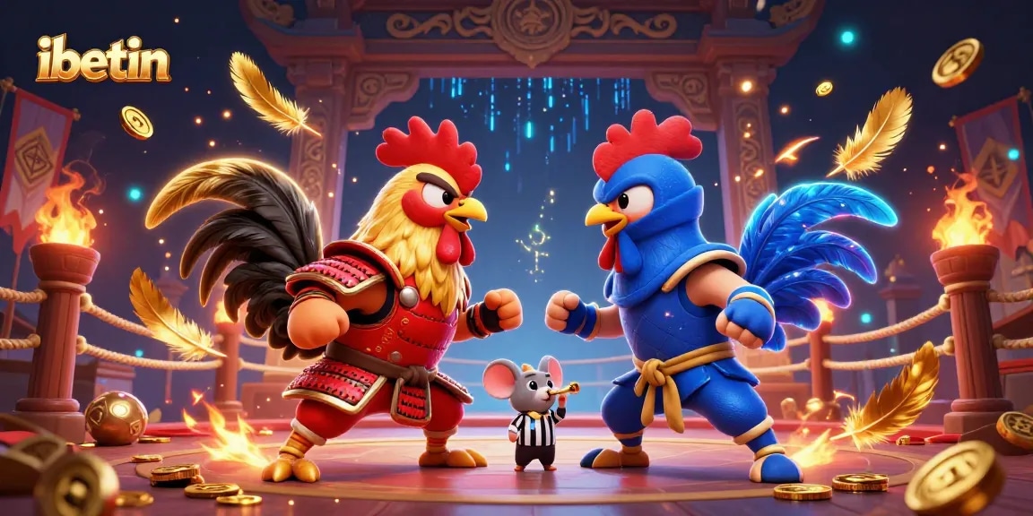 Experience intense betting action with ibetin's thrilling fighting roosters showdown, vibrant casino elements, and dynamic gold particles.
