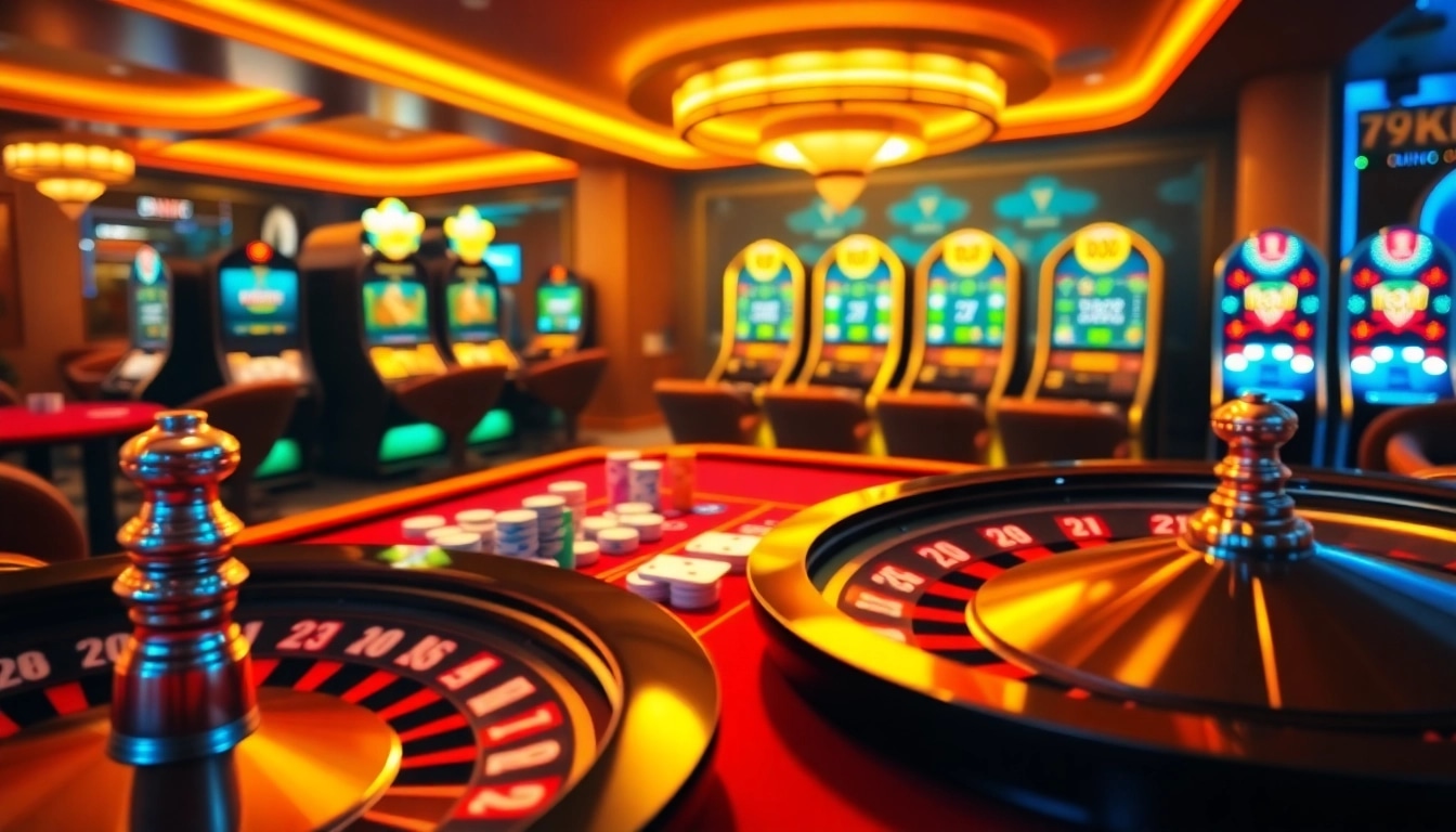 Action-packed gaming scene featuring 79KING poker chips and vibrant roulette wheel.