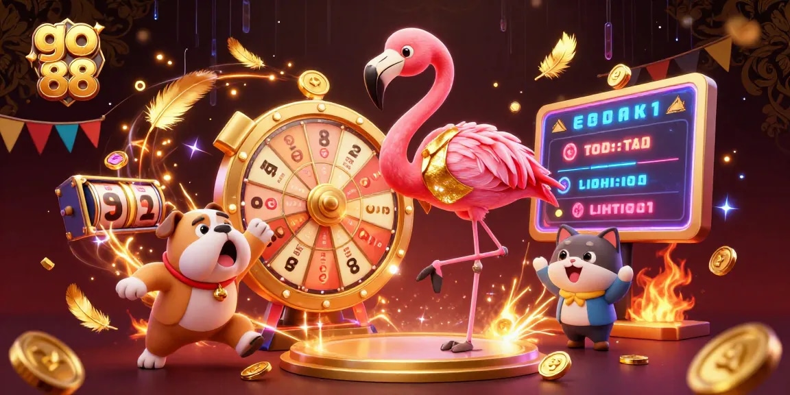 Excited bulldog celebrates while the flamingo spins the go 88 prize wheel at a vibrant online casino.
