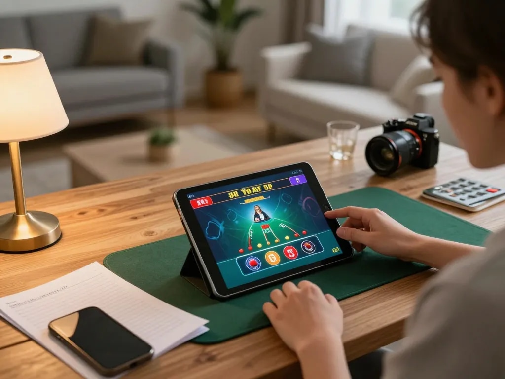 KJC player strategizing during an online blackjack session at home.