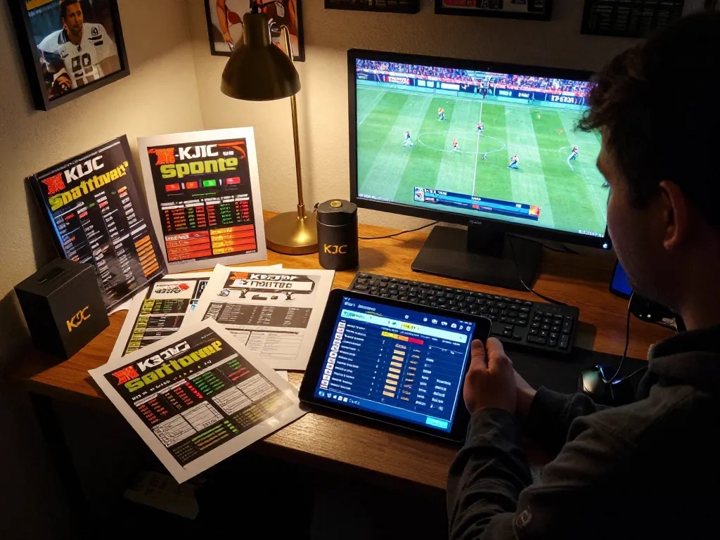 KJC user engaged in online sports betting strategy with tablet, reflecting excitement and professionalism.