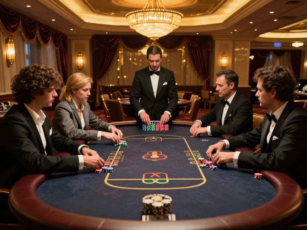Fabet players competing at a luxurious poker table in an upscale casino environment