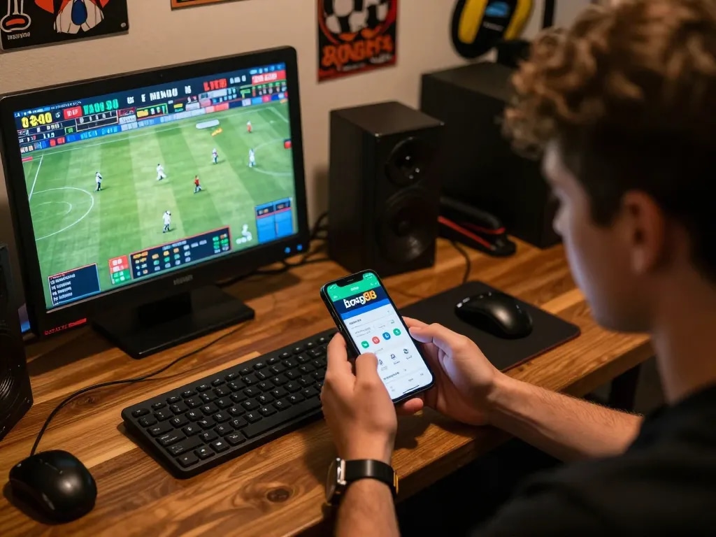 Bong88 user engaging in sports betting with mobile app and live match data on tablet