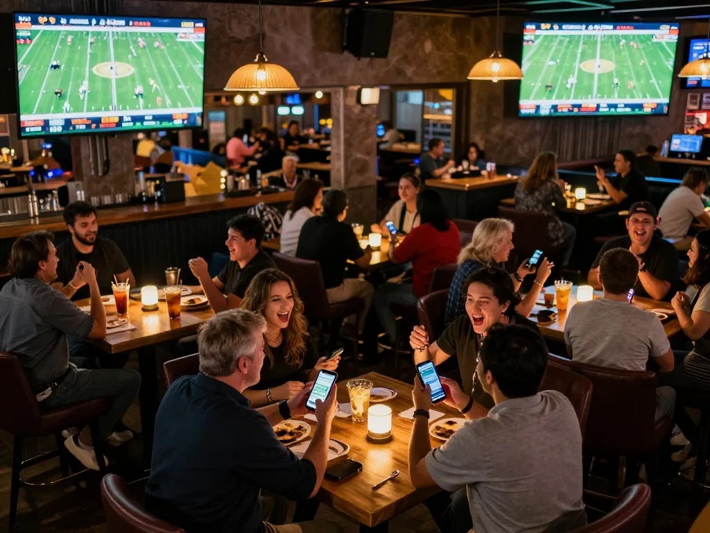 Fans engaged in footballl betting strategies while enjoying live sports at a vibrant bar.