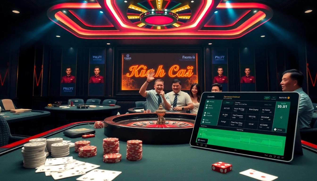 Kèo Nhà Cái showcases an exciting casino scene with poker chips and a roulette table in vibrant lighting.