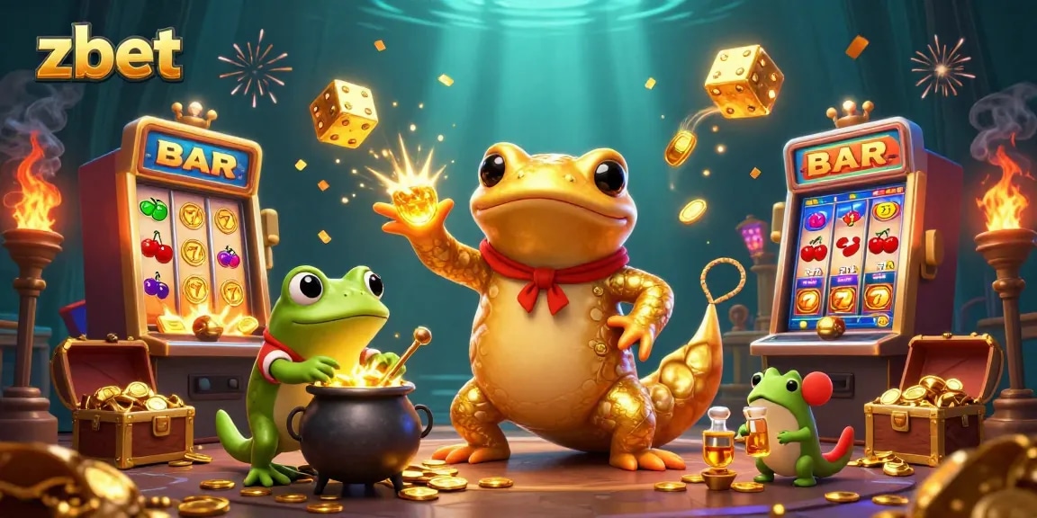 Engage with zbet's vibrant casino realm featuring a golden salamander alchemist and magical gold elements.