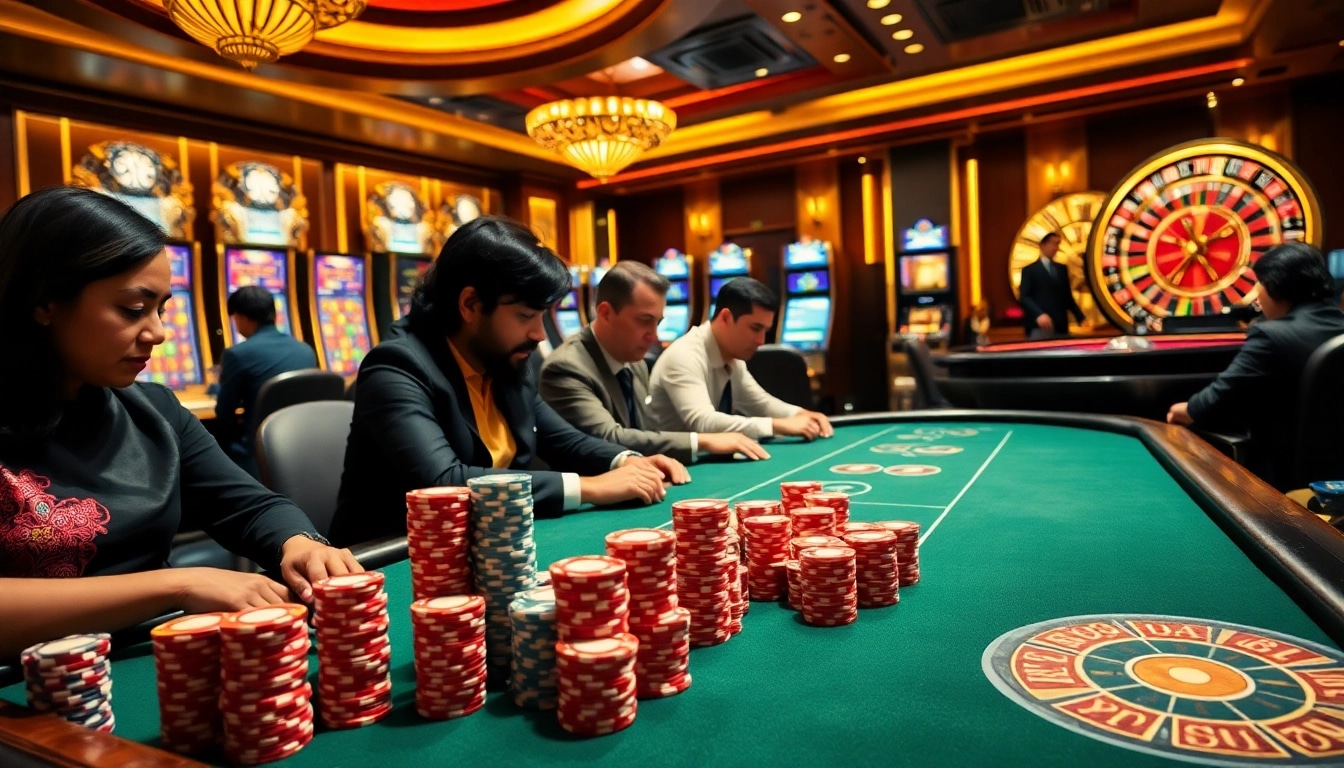Engage in a thrilling poker game at 88XX's upscale casino, surrounded by vibrant chips and an exciting atmosphere.