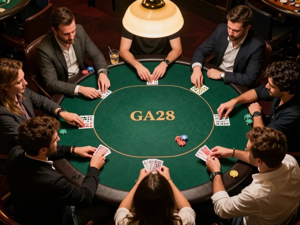 Players engaging in strategic poker gameplay at GA28, showcasing excitement and social interaction.