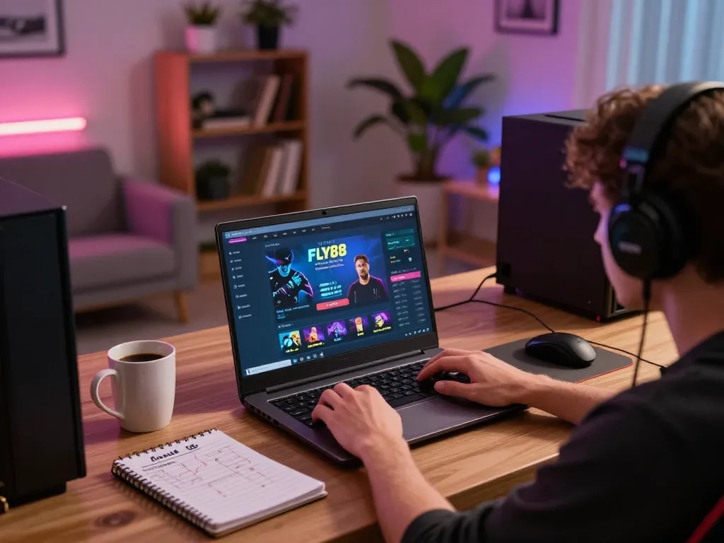 Engaging moment with FLY88 gaming on a laptop, showcasing strategic gameplay setup in a cozy home environment.