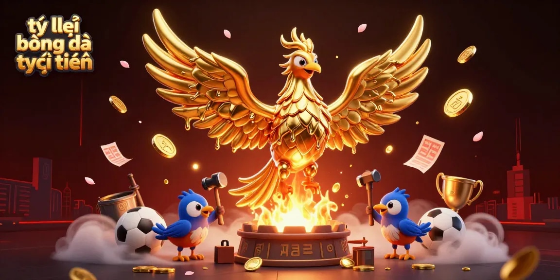 Engage with tỷ lệ bóng đá trực tuyến as golden phoenix symbolizes winning bets and sports excitement.