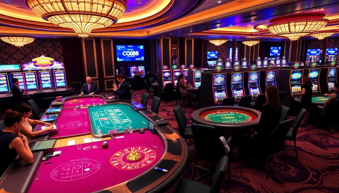 Engaging atmosphere at co88 nhà cái with players enjoying live dealer games and vibrant slot machines.