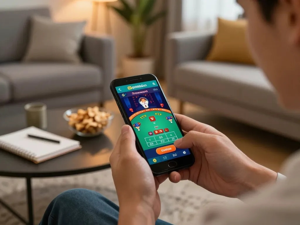Engage in thrilling mobile gameplay with 68gamebaivn app in a cozy setting.