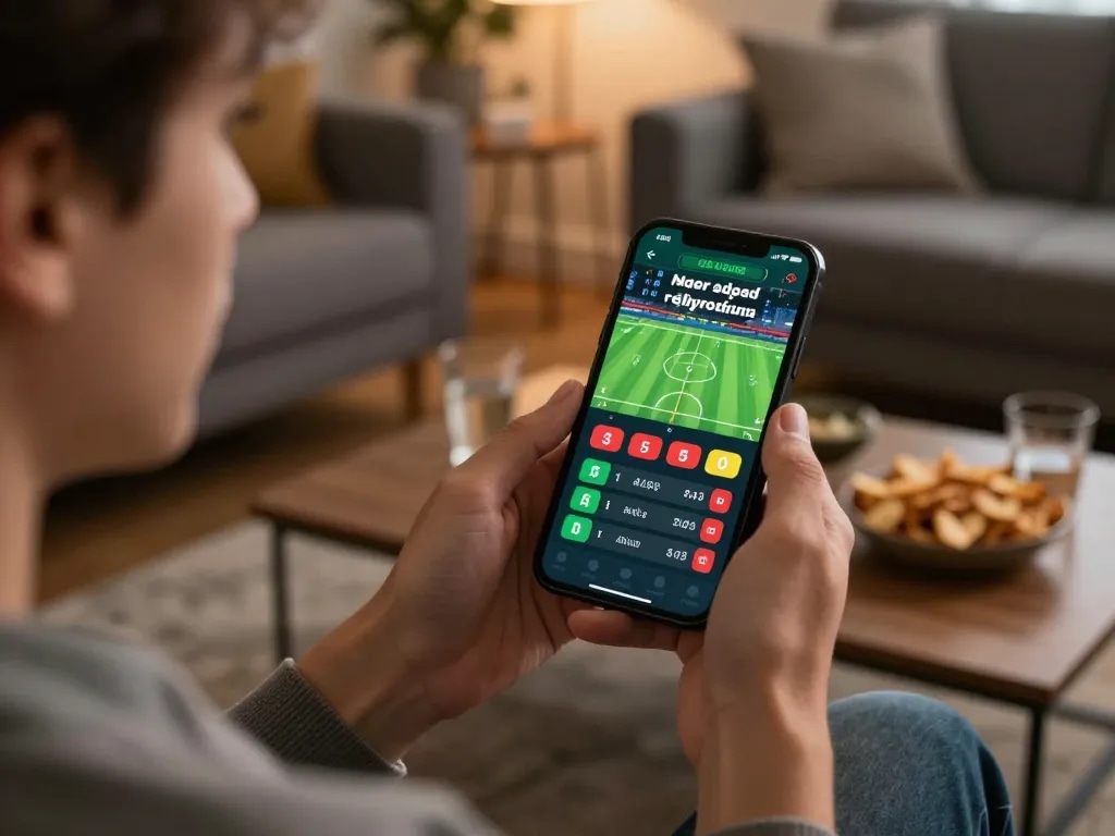 Betting on Tỷ Lệ Kèo in a sports app, with an excited player in a cozy setting.