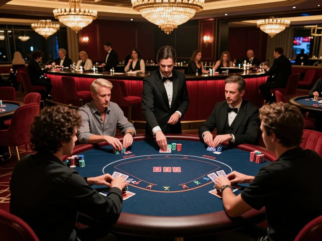 Ok9 players engaging in high-stakes poker in a luxurious casino VIP area