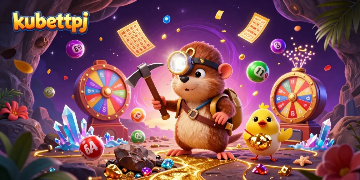 Kubettpj highlights thrilling lottery action with vibrant balls and animated treasures in a dynamic casino scene.