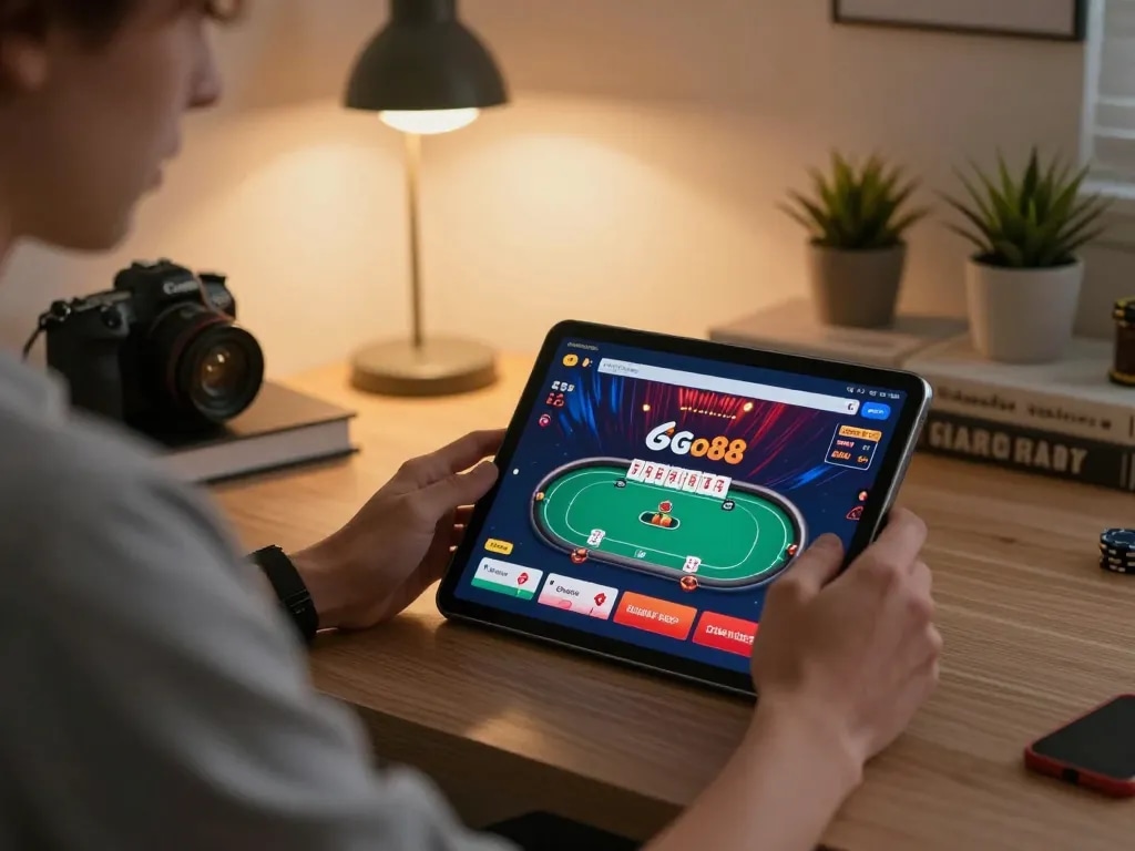 Engaging poker gameplay on Go88 casino app in a cozy home setting