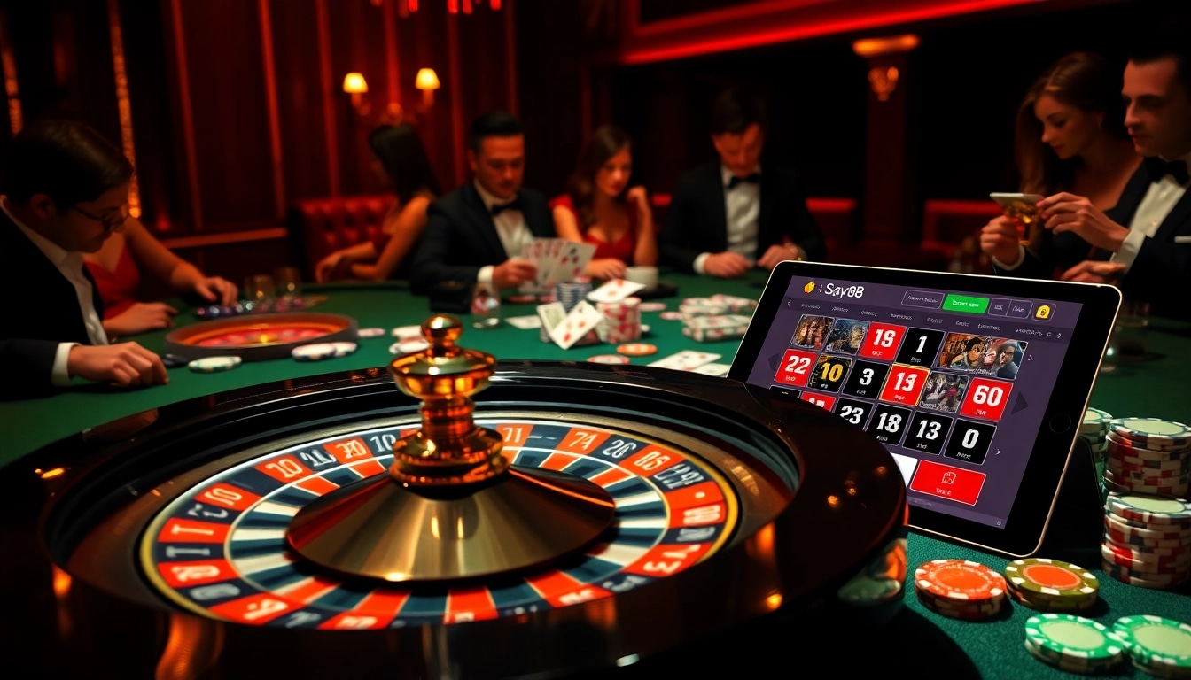 Experience the thrill of gambling at say88 with a luxurious casino scene featuring roulette and poker.