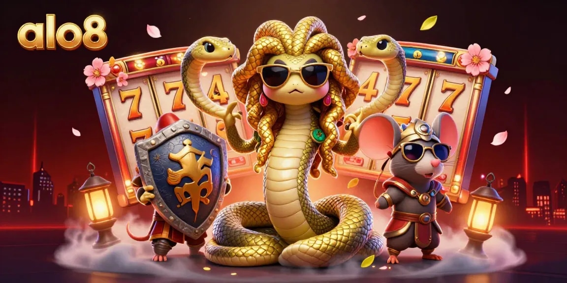 Experience the vibrant excitement of gambling with alo8, featuring a friendly Medusa and a warrior mouse in a lively casino