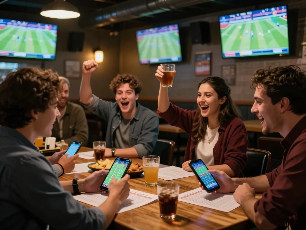 Customers placing bets on a kèo nhà cái app in an energetic sports bar