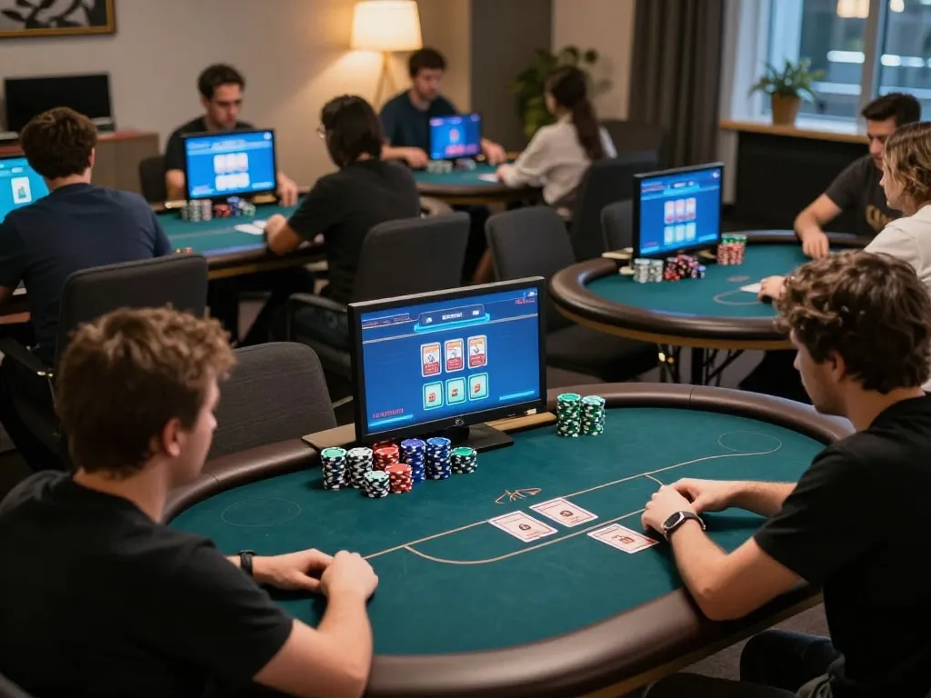 TG88 poker players thrillingly strategizing in an online tournament, showcasing immersive gaming.