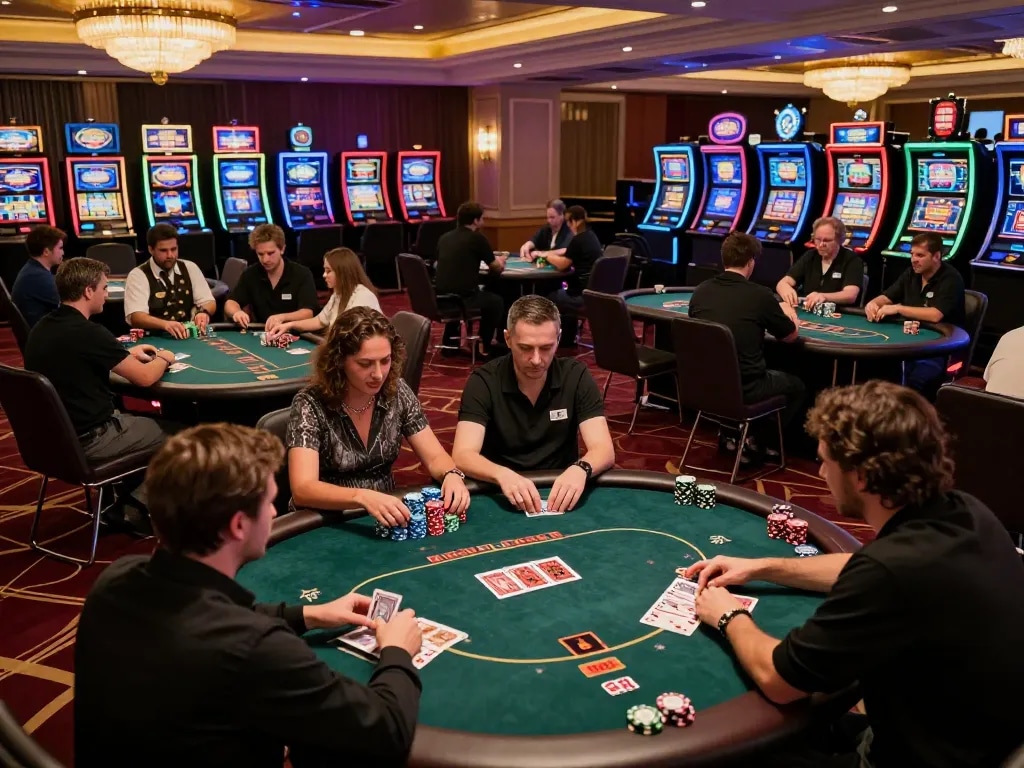 Pucuk138 action at a vibrant casino poker table with players strategizing their bets