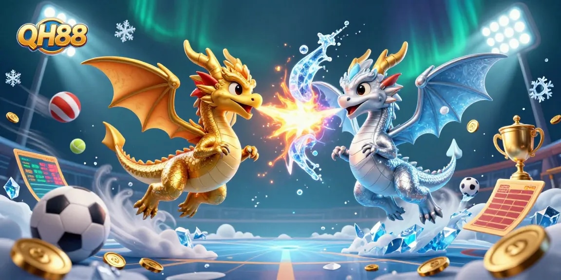 Experience dynamic action in QH88's 3D casino illustration featuring dragons and sports elements.