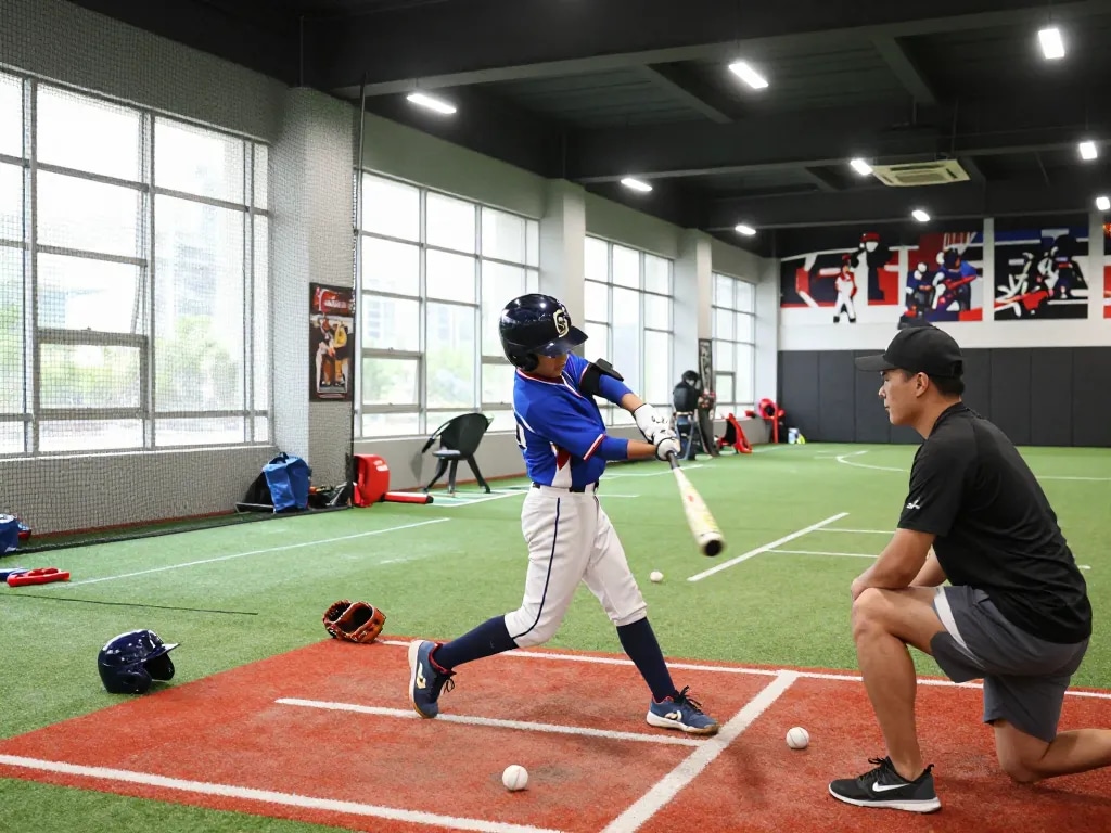 Young athlete practicing batting at Hitclub, showcasing teamwork and dedication in a dynamic training environment.