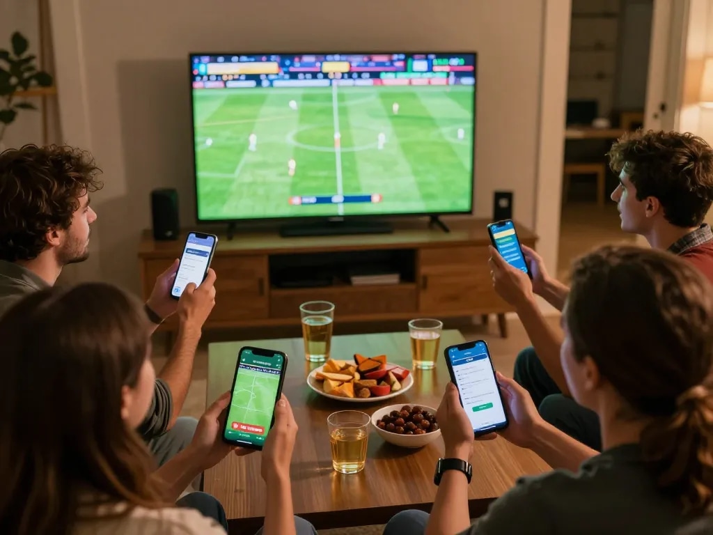 Friends engaging in sports betting on tg88 mobile app while watching a live game on TV