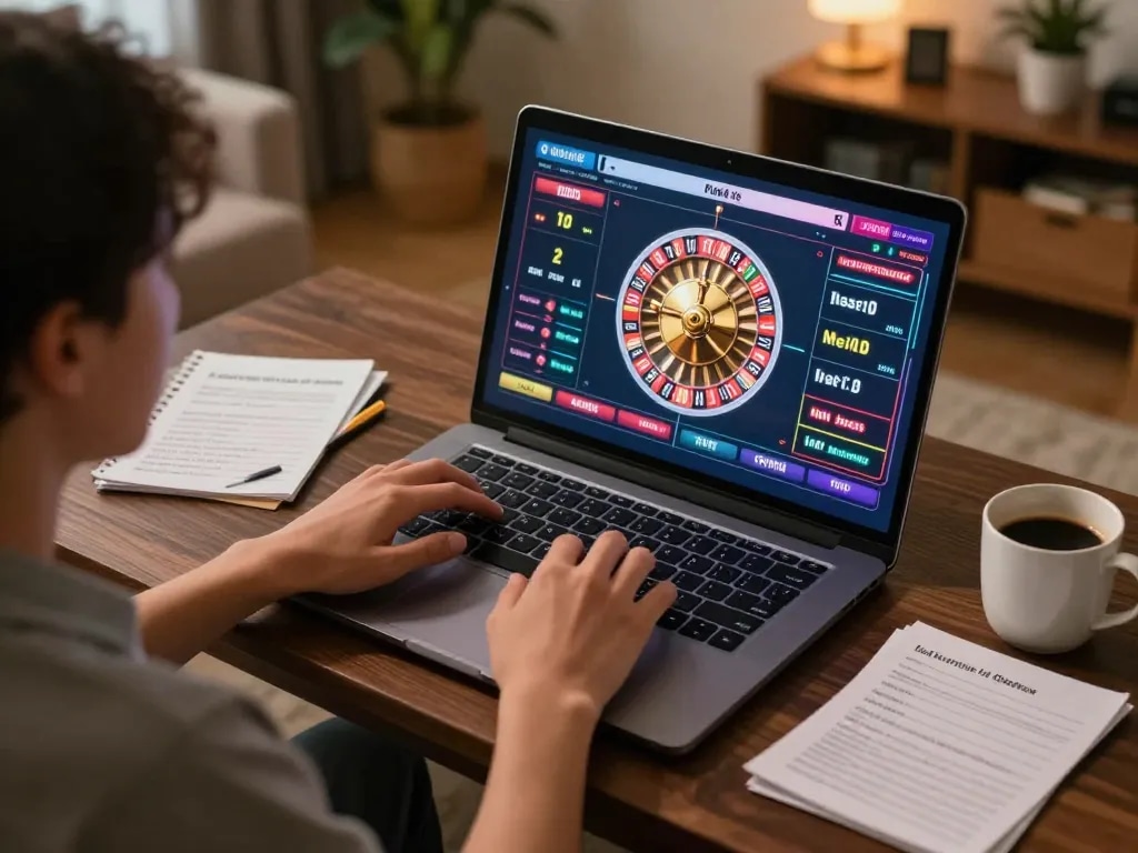 Engaging in online roulette gameplay with uu88 on a laptop at home.