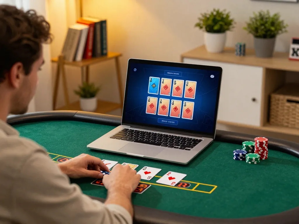 Engaging in a strategic online blackjack game at https://go8.agency/ from a cozy home office.