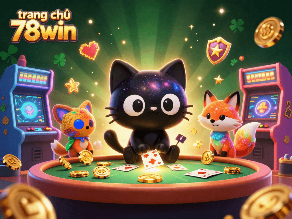 Engage with the cosmic charm of trang chủ 78win where a black hole cat attracts golden chips and cards.