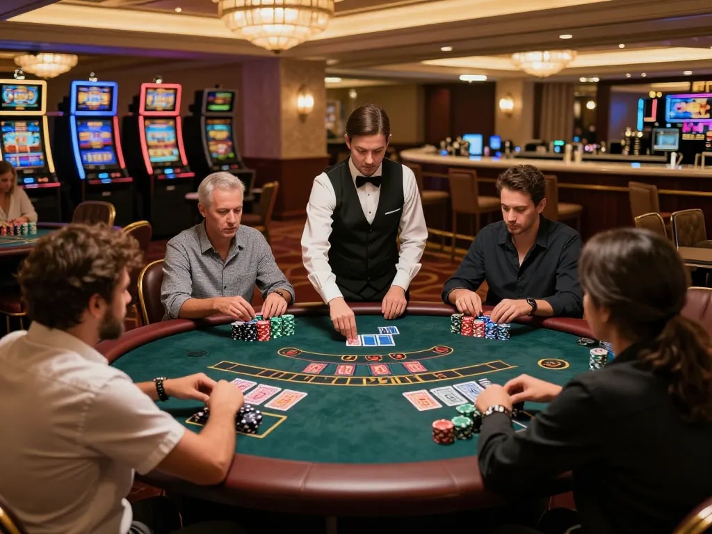 Các người chơi tham gia vào một ván bài blackjack KO66 nóng bỏng với những chồng chip và sự tập trung cao độ.