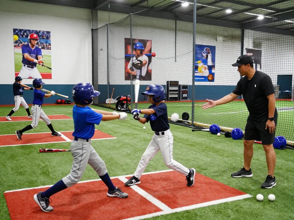 Hitclub training scene with young athletes practicing baseball swings in an energetic indoor facility.