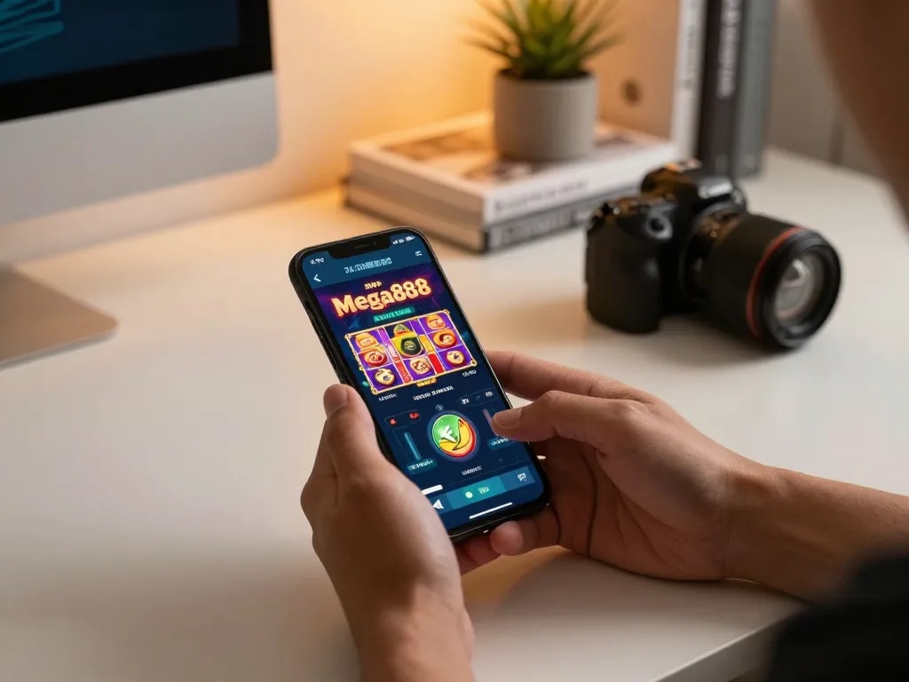 Engaging action of using the apk mega888 app on a smartphone, showcasing vibrant slot games and strategic gameplay.