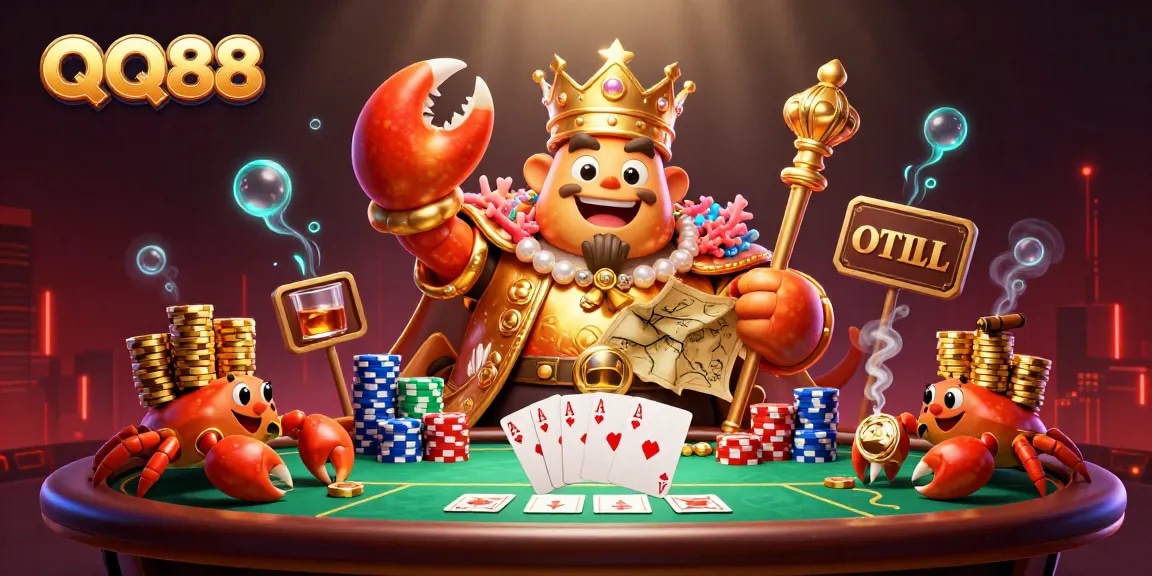 Engage with QQ88's vibrant casino universe through a captivating scene featuring a golden crab emperor and poker elements.