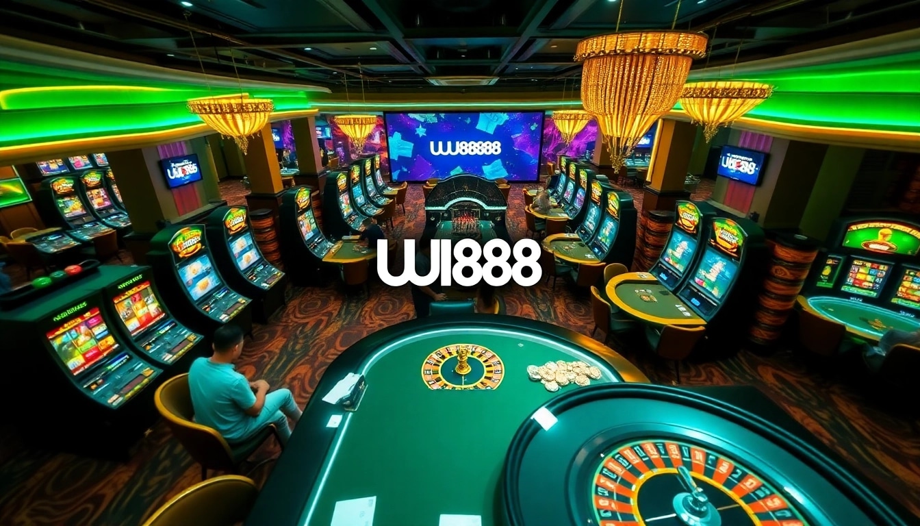 An engaging UU88 gambling scene with vibrant casino tables, colorful slot machines, and poker chips showcasing an online gaming experience.