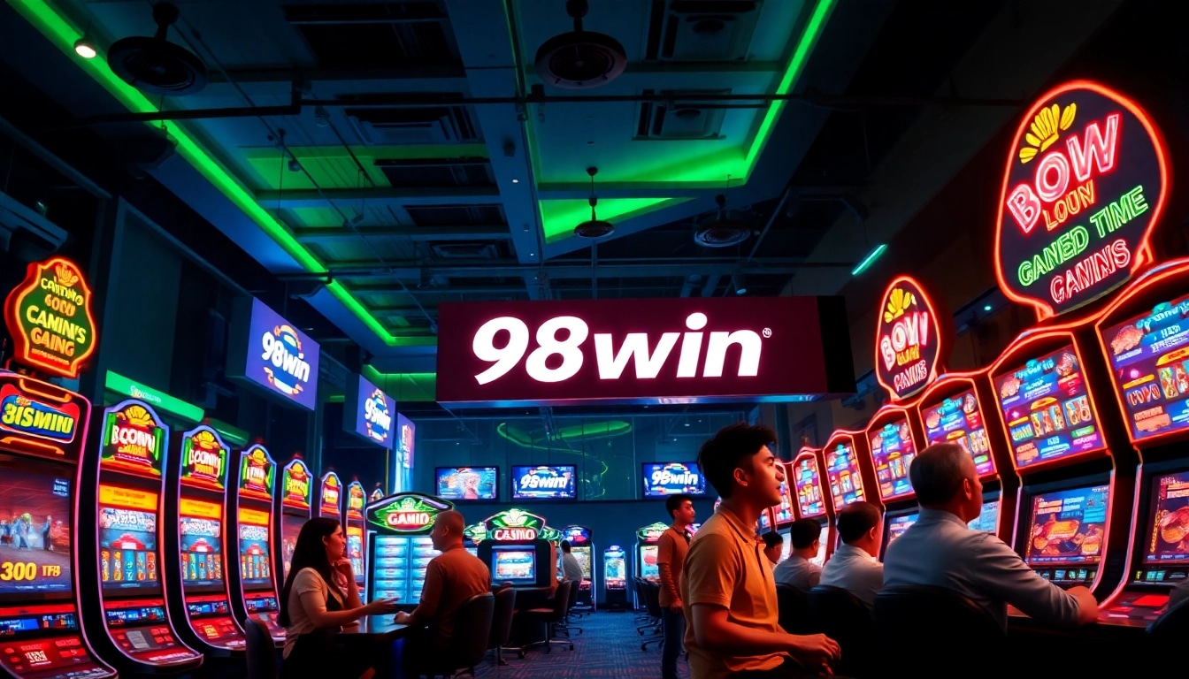 98win online gaming experience showcasing vibrant casino games, excited players, and real-time betting elements.