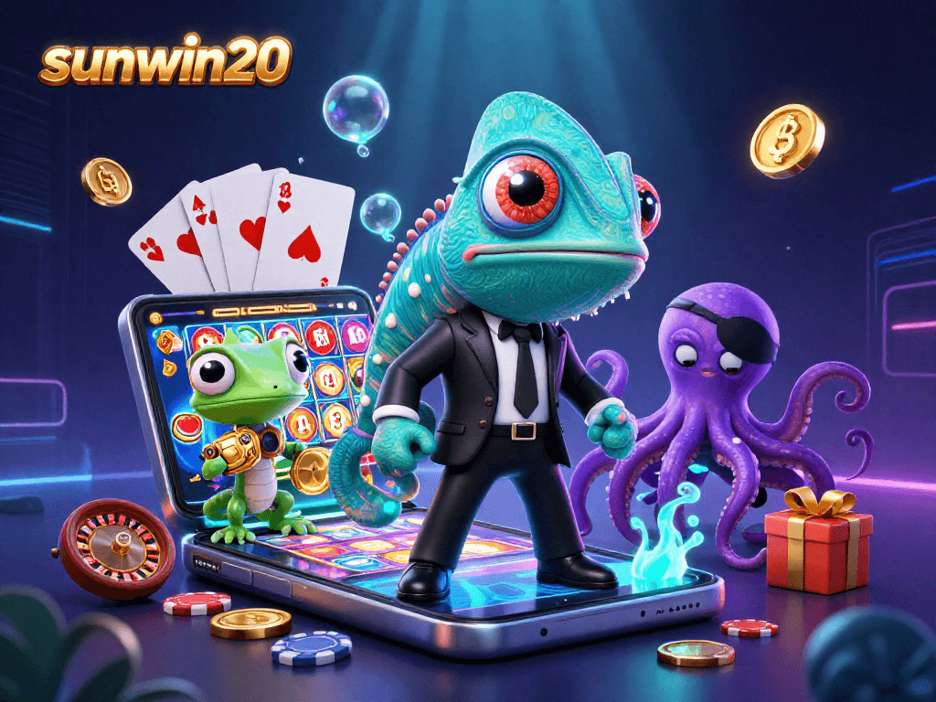 Spin the reels with sunwin20 in this vibrant casino scene featuring game elements and characters.