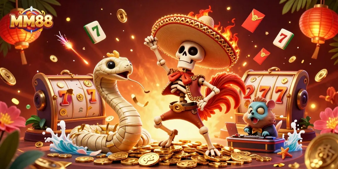Engage in thrilling gameplay at MM88 as a mariachi rooster celebrates on golden coins surrounded by vibrant casino elements.