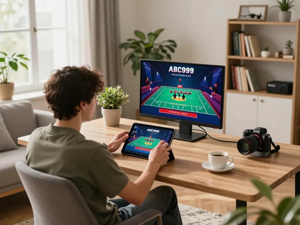 Engaging gameplay on the ABC999 plataforma with live dealer game on tablet, showcasing a modern home setup.
