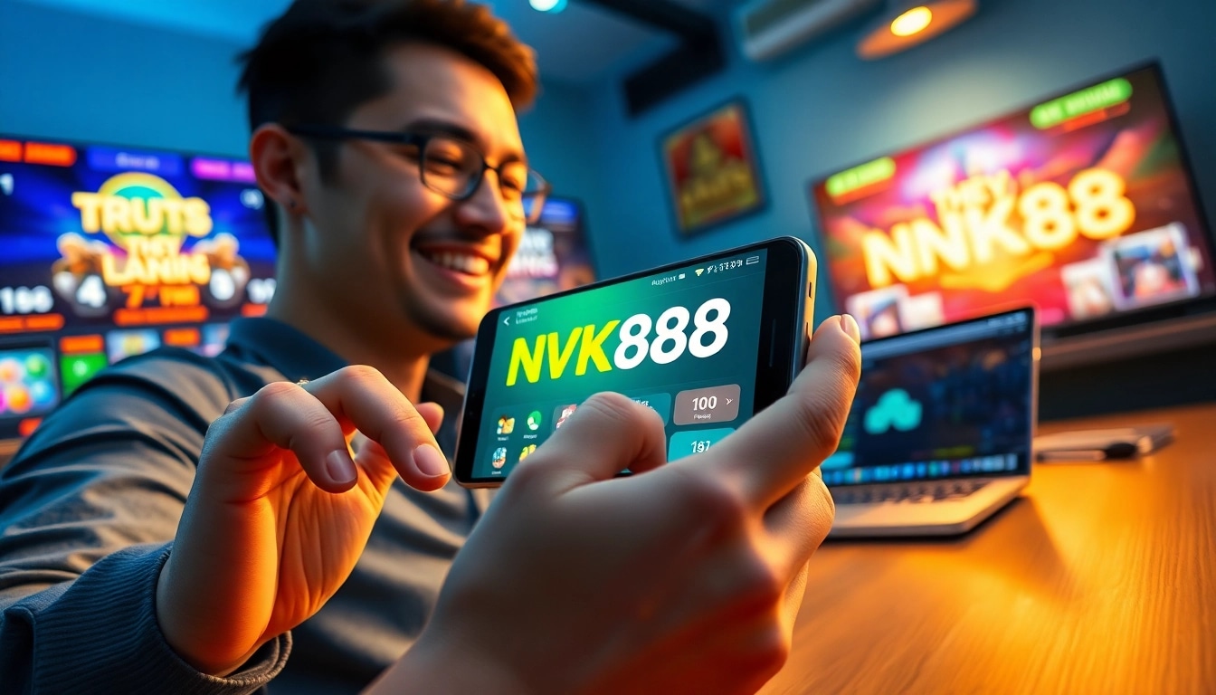 Exciting gaming experience with NK88 nhà cái app on a smartphone showcasing vibrant game graphics.
