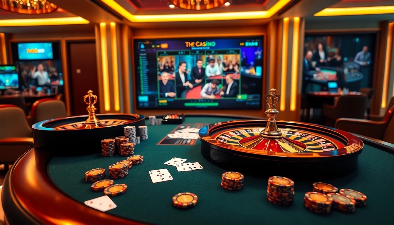 Gambling excitement at xx88 with poker chips and a roulette wheel in a luxurious casino setting.