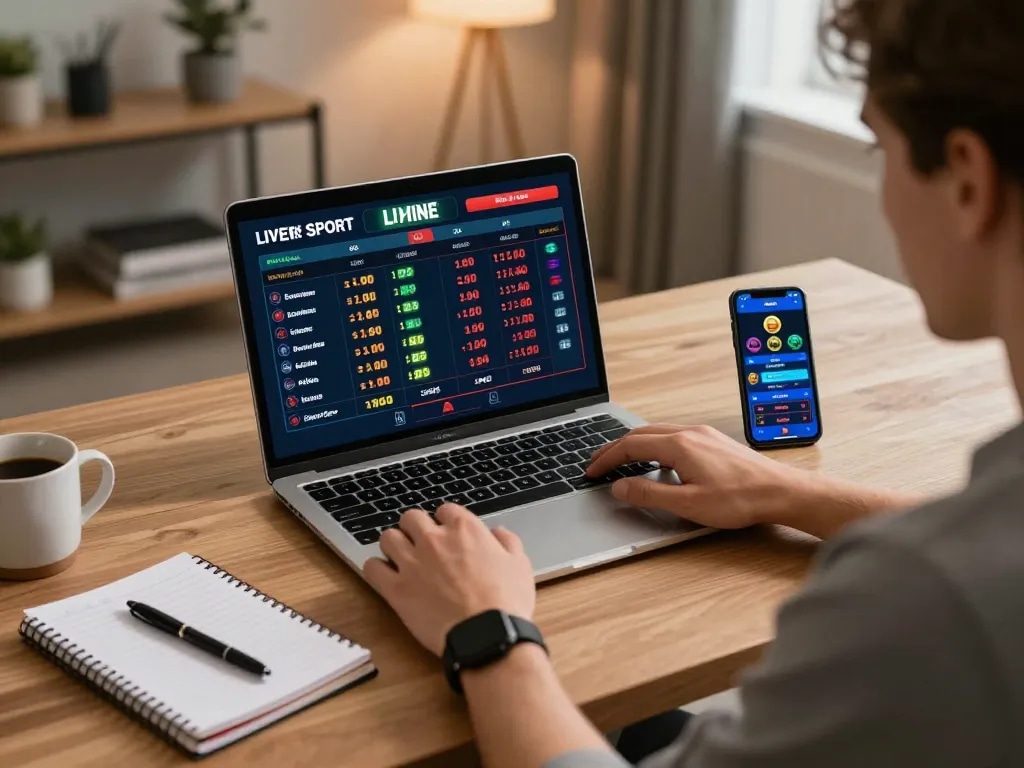 Participating in sports betting with gi88 app on laptop, showcasing live odds and strategies for winning.