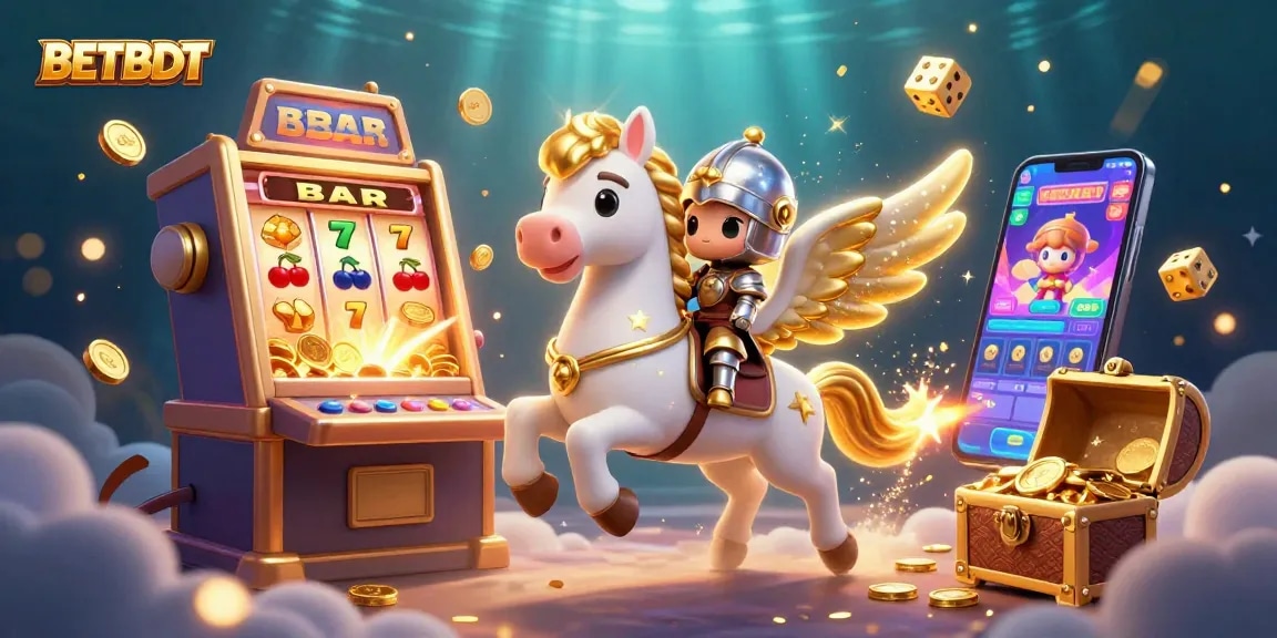 Experience the thrilling games at BETBDT, featuring a vibrant 3D illustration of a celestial horse and jackpot excitement.