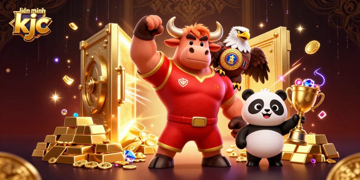 Join the fun with "liên minh kjc" as our bull mascot celebrates a big win surrounded by treasures and vibrant gaming elements!